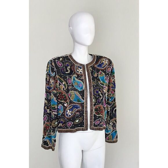 Vintage Frank Usher 70s 80s Black Sequin Beaded Silk Cardigan Jacket - Picture 2 of 13